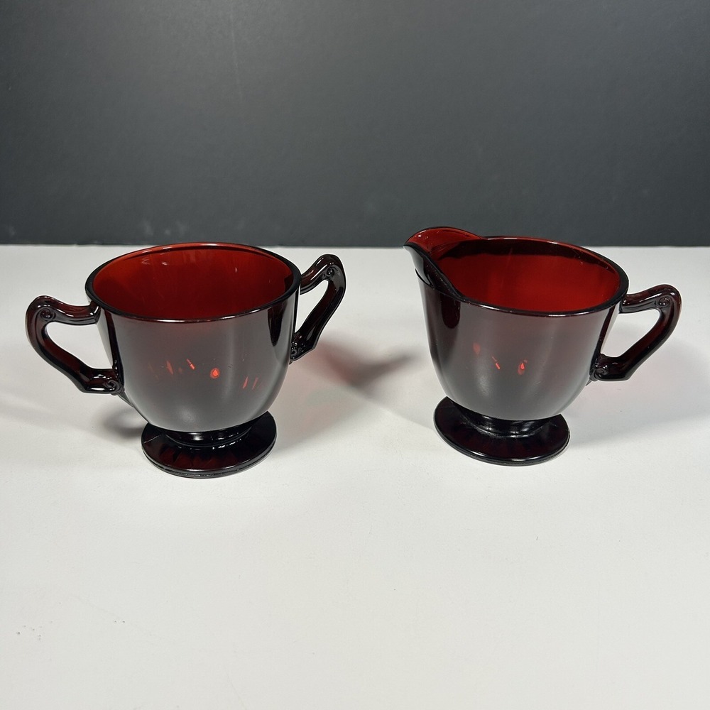 Vintage Anchor Hocking Royal Ruby Red Glass Footed Creamer and Open Sugar Bowl